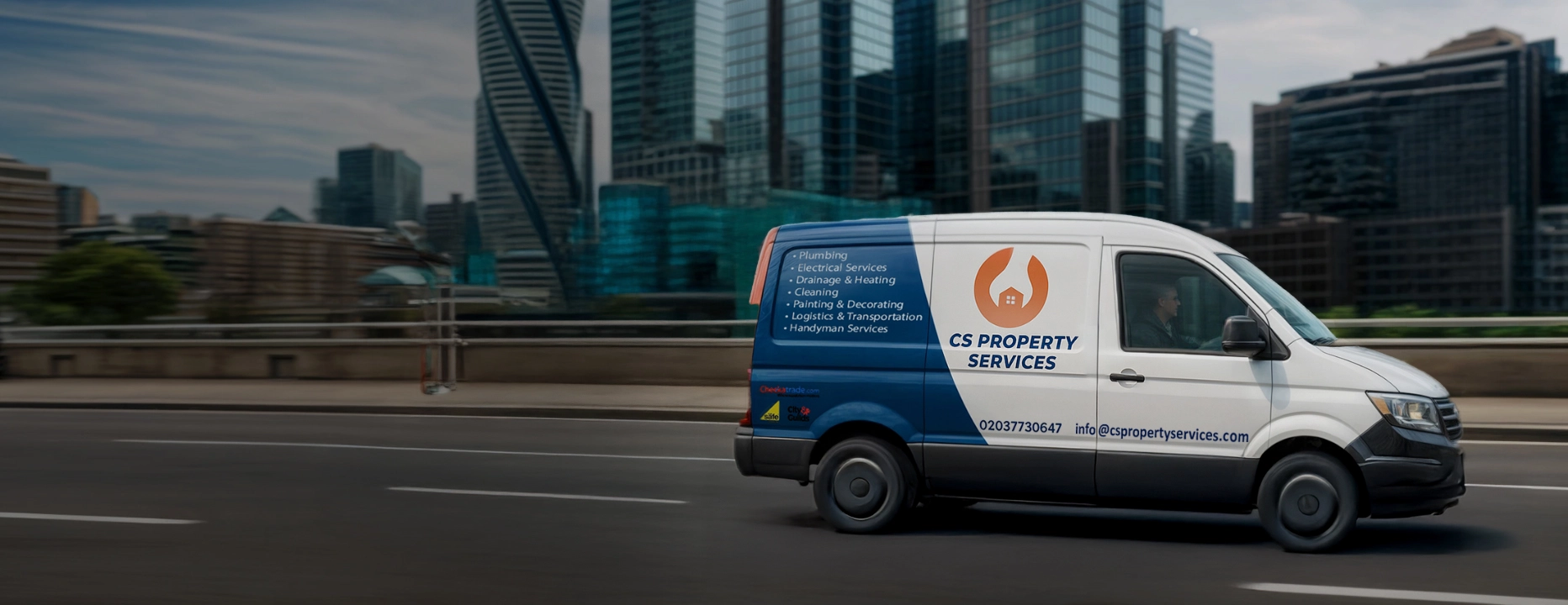 A Micro Bus with CS Property Services' logo